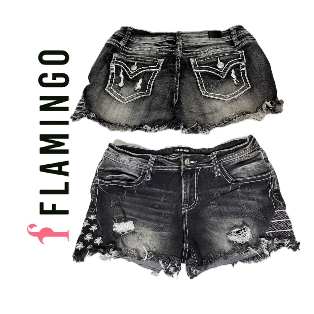 Flamingo Distressed Black Denim Shorts Stars Stripes Cut Off Whimsigoth Y2K Core